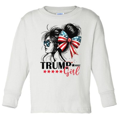 Trump Girl Messy Bun Sunglasses Trump 2024 Usa Flag Toddler Long Sleeve Shirt