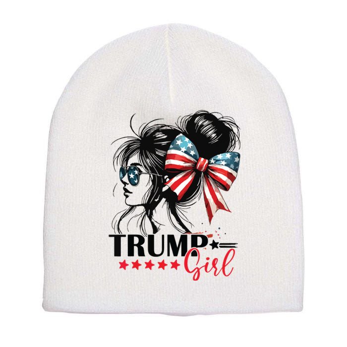 Trump Girl Messy Bun Sunglasses Trump 2024 Usa Flag Short Acrylic Beanie