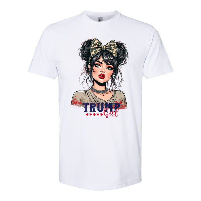 Trump Girl Messy Bun Trump 2024 Election American Flag Softstyle CVC T-Shirt