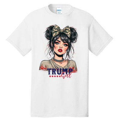 Trump Girl Messy Bun Trump 2024 Election American Flag Tall T-Shirt