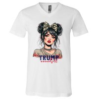 Trump Girl Messy Bun Trump 2024 Election American Flag V-Neck T-Shirt