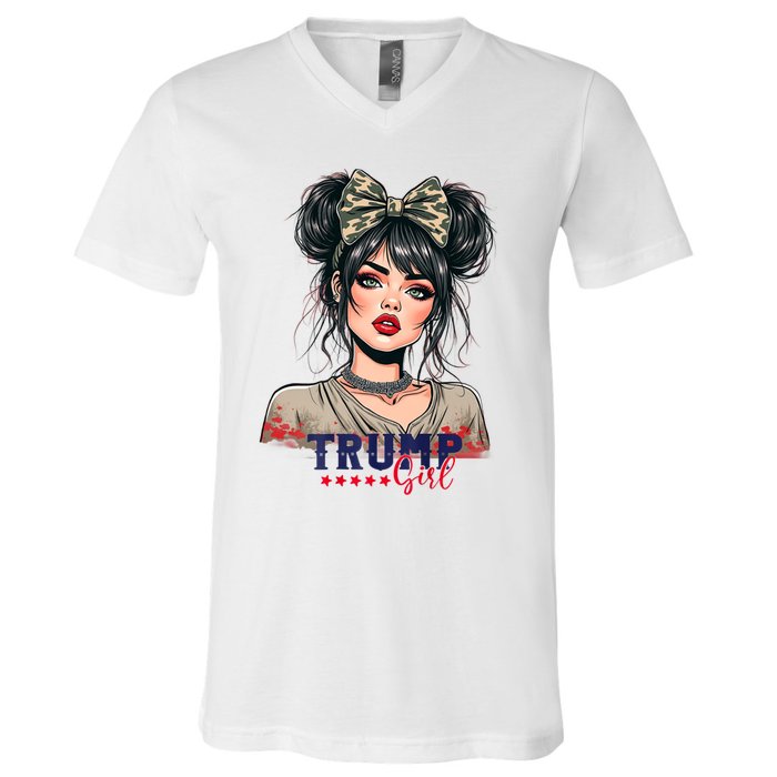 Trump Girl Messy Bun Trump 2024 Election American Flag V-Neck T-Shirt