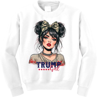 Trump Girl Messy Bun Trump 2024 Election American Flag Kids Sweatshirt