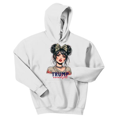 Trump Girl Messy Bun Trump 2024 Election American Flag Kids Hoodie