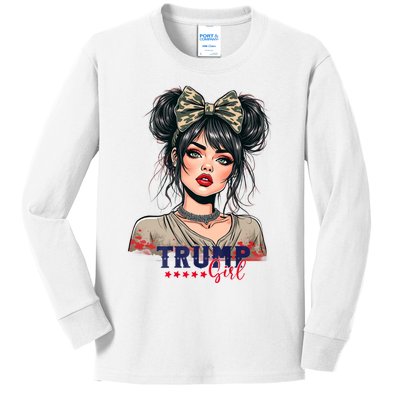 Trump Girl Messy Bun Trump 2024 Election American Flag Kids Long Sleeve Shirt