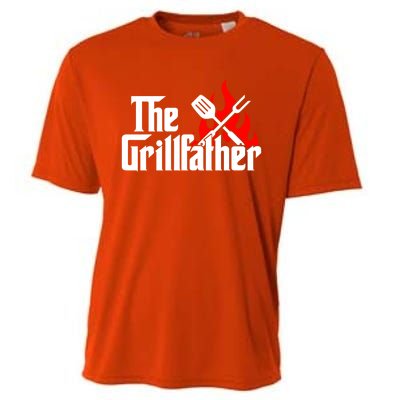 The Grillfather Meat Fork And Spatula Open Flames Grilling Art Funny Gift Cooling Performance Crew T-Shirt