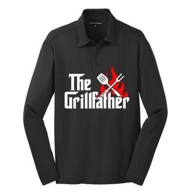 The Grillfather Meat Fork And Spatula Open Flames Grilling Art Funny Gift Silk Touch Performance Long Sleeve Polo