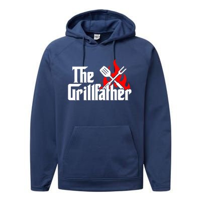 The Grillfather Meat Fork And Spatula Open Flames Grilling Art Funny Gift Performance Fleece Hoodie