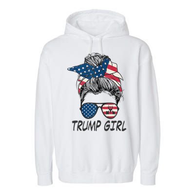 Trump Girl Messy Bun American Flag Women Garment-Dyed Fleece Hoodie