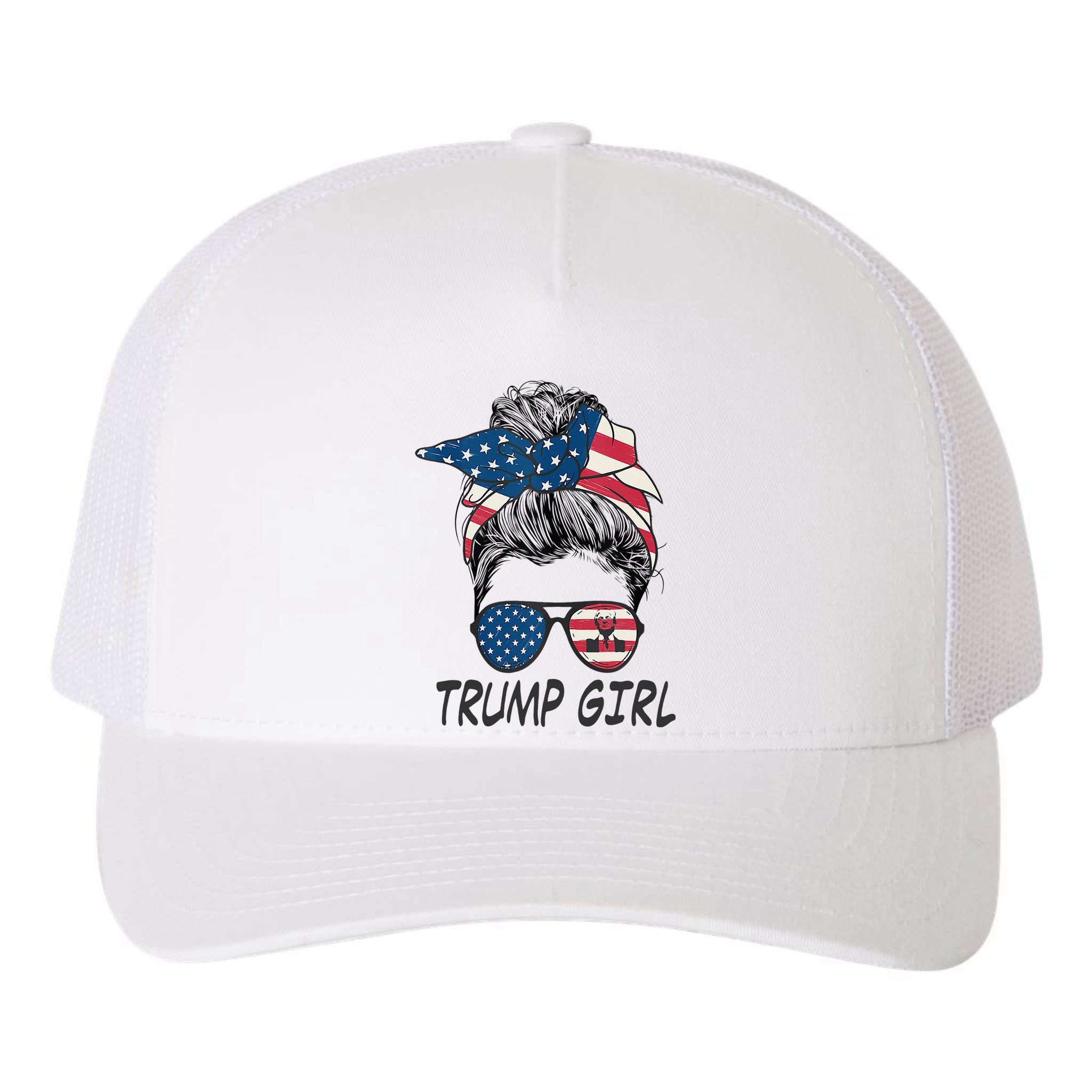 Trump Girl Messy Bun American Flag Women Yupoong Adult 5-Panel Trucker Hat