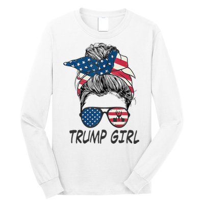 Trump Girl Messy Bun American Flag Women Long Sleeve Shirt
