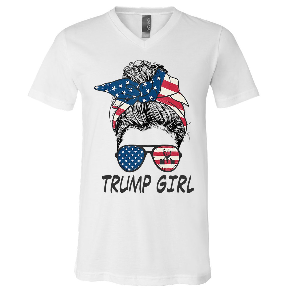 Trump Girl Messy Bun American Flag Women V-Neck T-Shirt