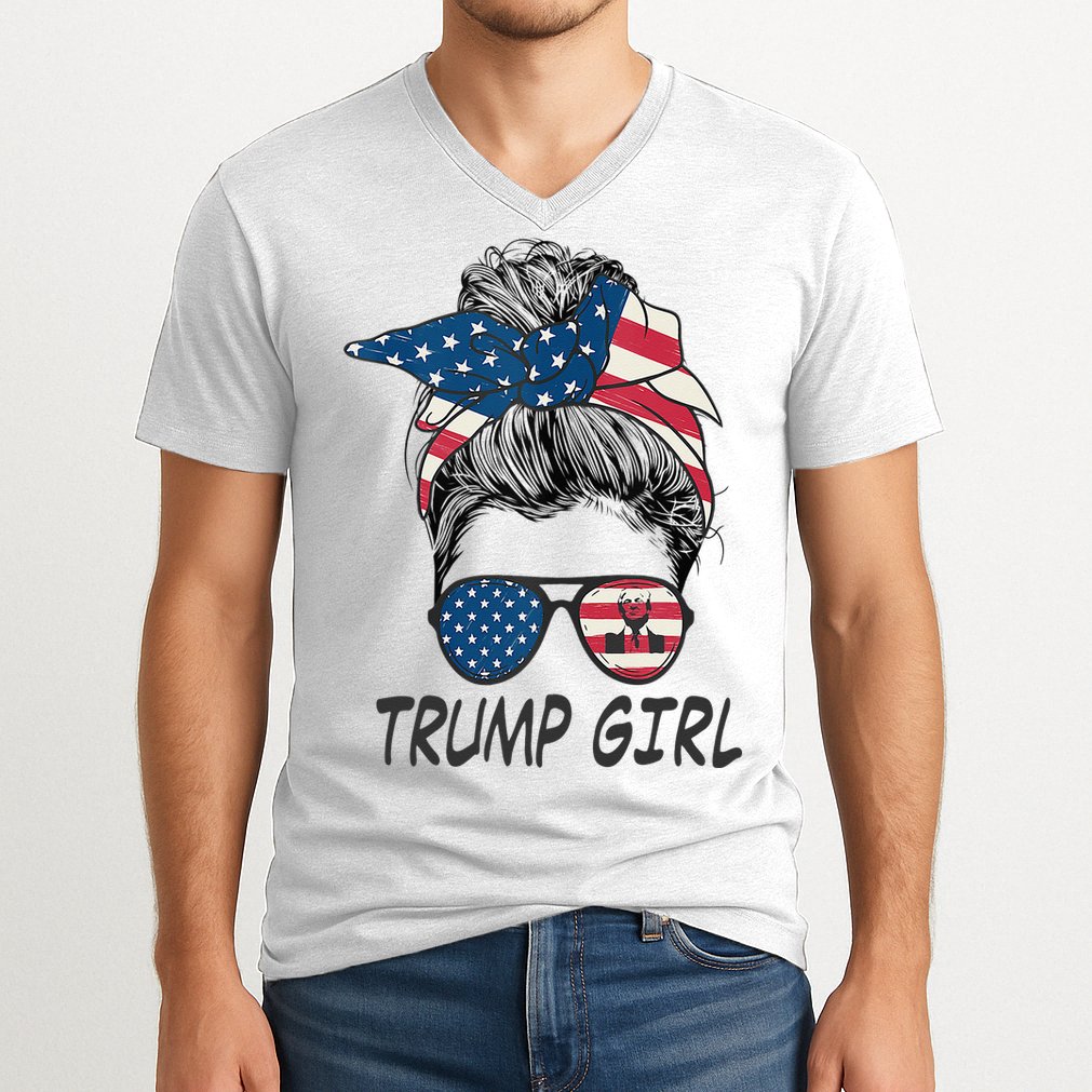 Trump Girl Messy Bun American Flag Women V-Neck T-Shirt