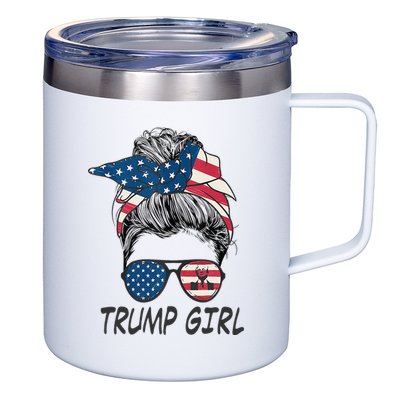 Trump Girl Messy Bun American Flag Women 12oz Stainless Steel Coffee Mug