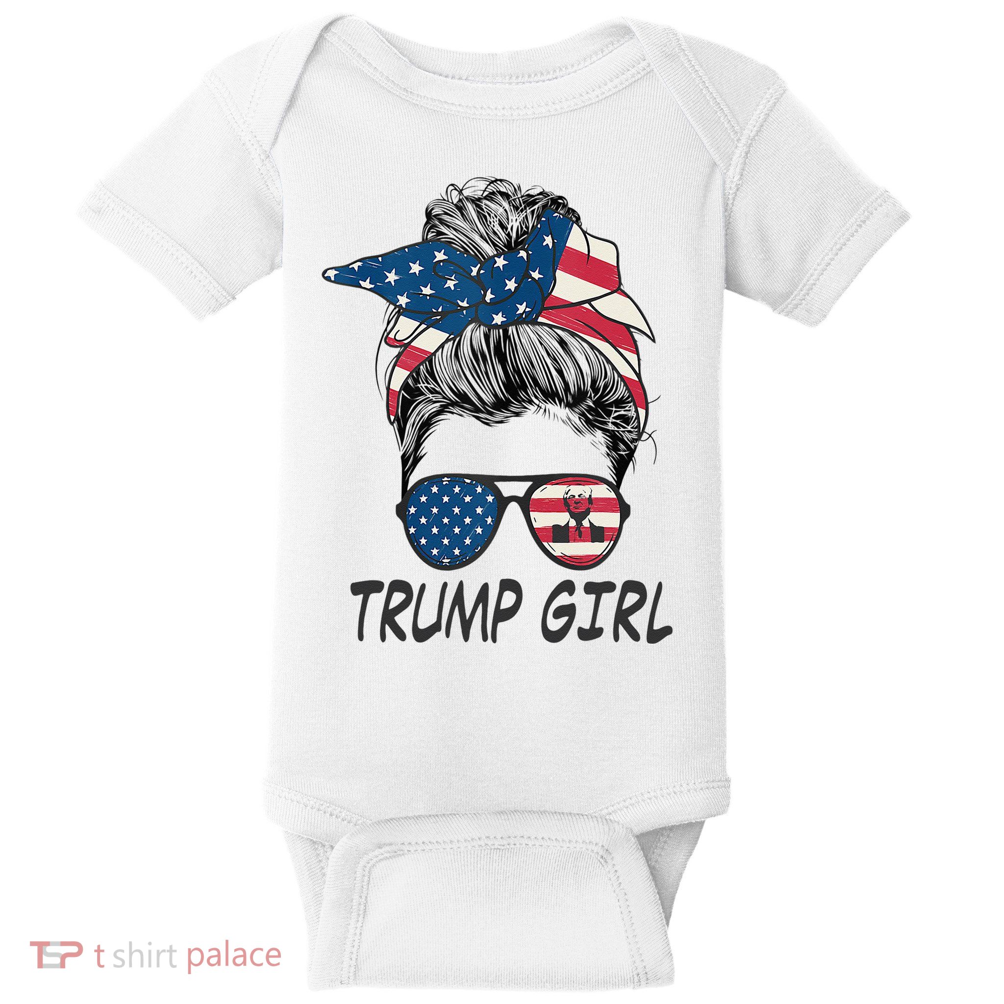 Trump Girl Messy Bun American Flag Women Baby Bodysuit