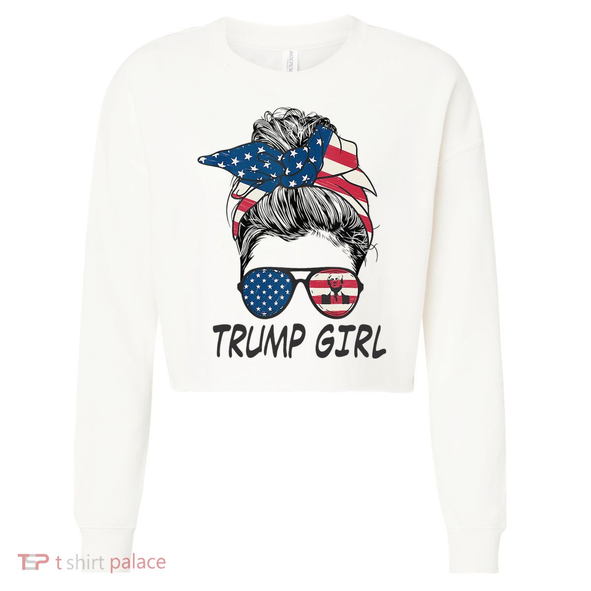 Trump Girl Messy Bun American Flag Women Cropped Pullover Crew