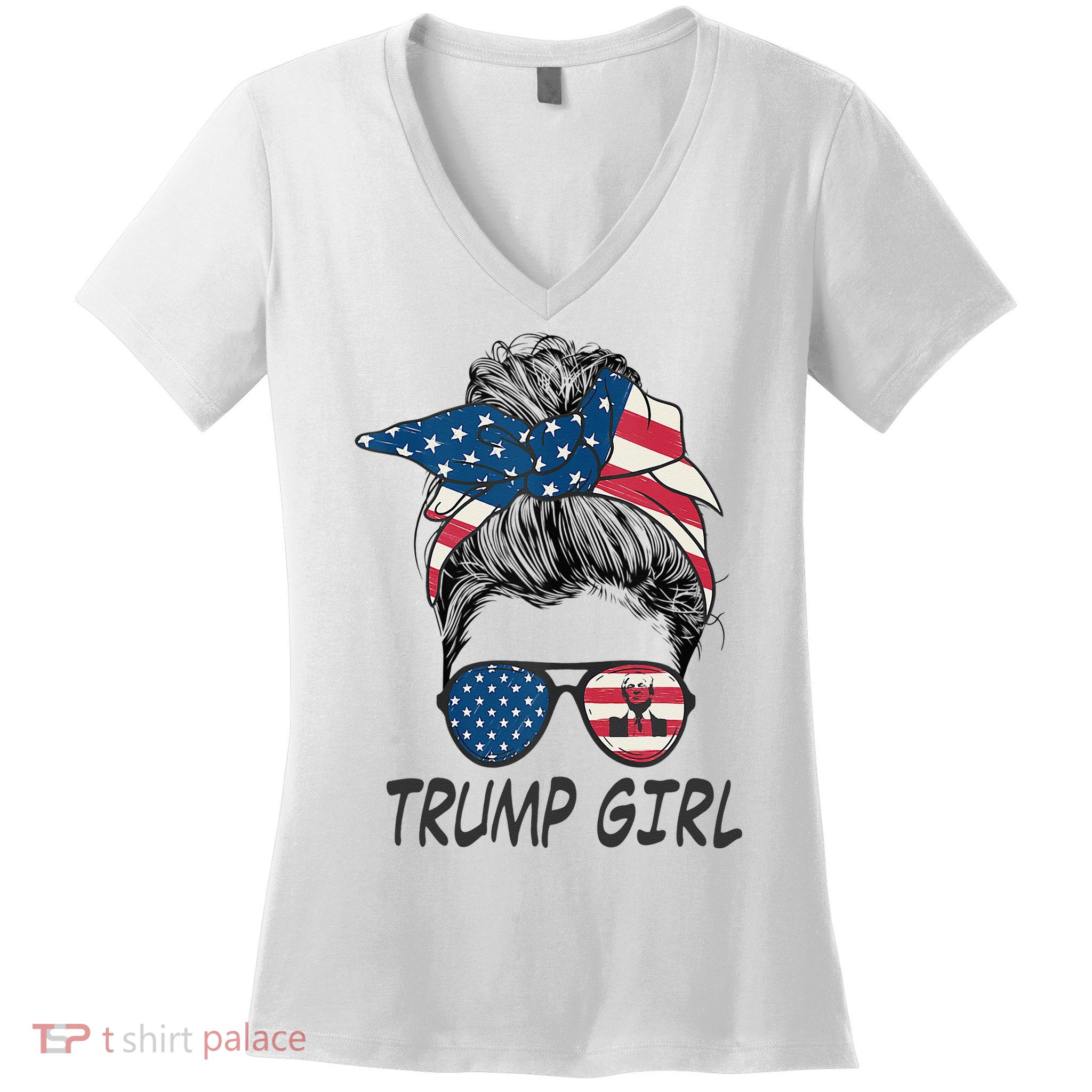 Trump Girl Messy Bun American Flag Women Women's V-Neck T-Shirt