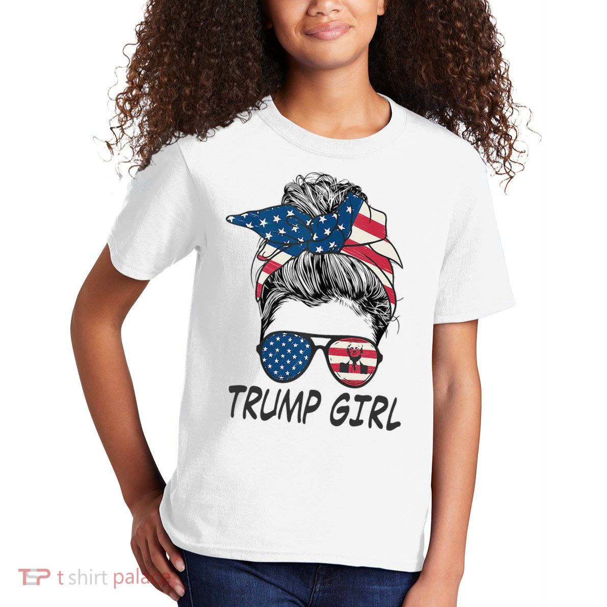 Trump Girl Messy Bun American Flag Women Kids T-Shirt