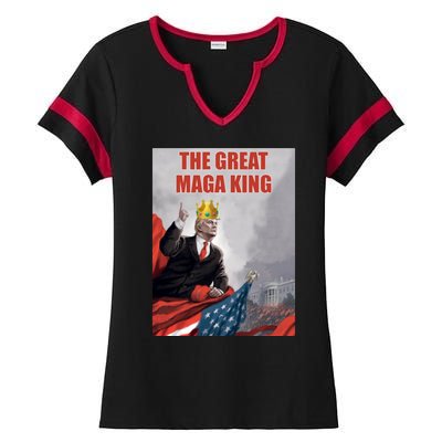 The Great MAGA King Trump 2024 USA Flag Ladies Halftime Notch Neck Tee