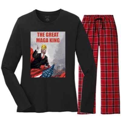 The Great MAGA King Trump 2024 USA Flag Women's Long Sleeve Flannel Pajama Set 