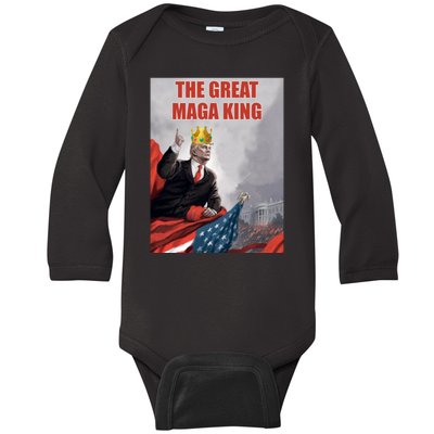 The Great MAGA King Trump 2024 USA Flag Baby Long Sleeve Bodysuit