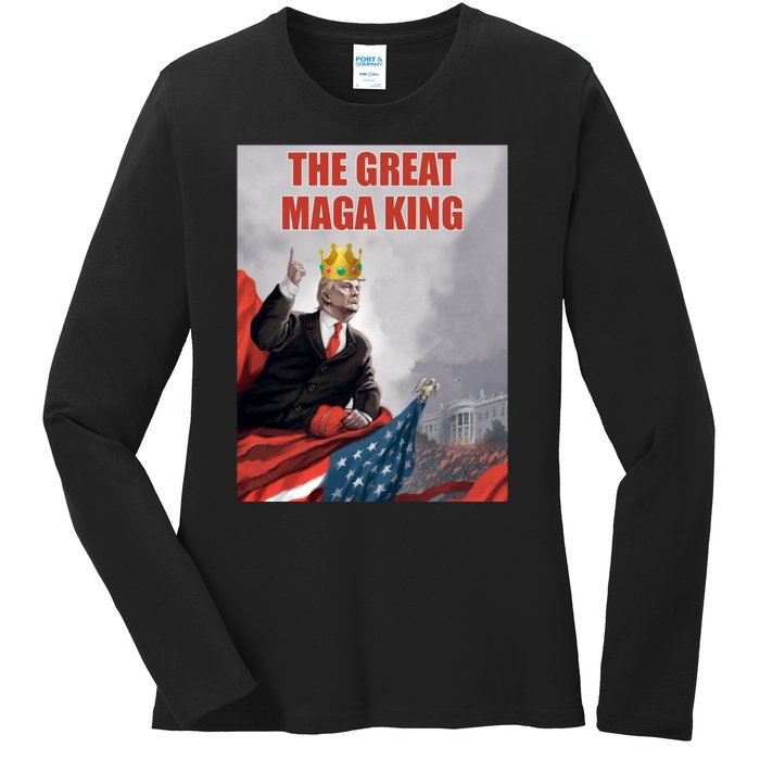 The Great MAGA King Trump 2024 USA Flag Ladies Long Sleeve Shirt