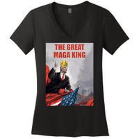 The Great MAGA King Trump 2024 USA Flag Women's V-Neck T-Shirt