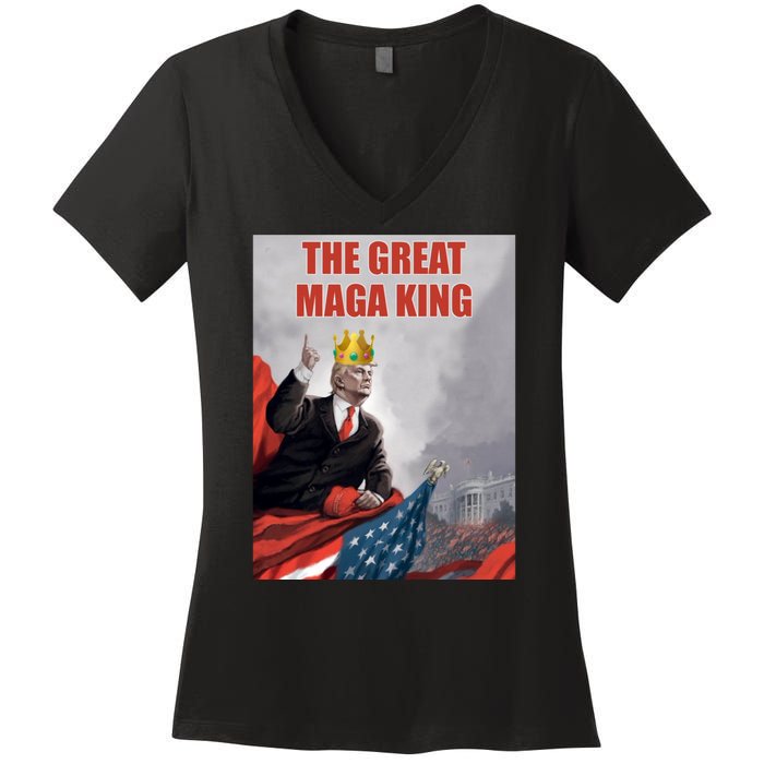 The Great MAGA King Trump 2024 USA Flag Women's V-Neck T-Shirt