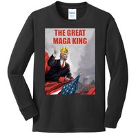 The Great MAGA King Trump 2024 USA Flag Kids Long Sleeve Shirt