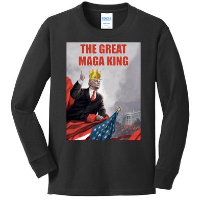 The Great MAGA King Trump 2024 USA Flag Kids Long Sleeve Shirt