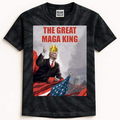 The Great MAGA King Trump 2024 USA Flag Kids Tie-Dye T-Shirt