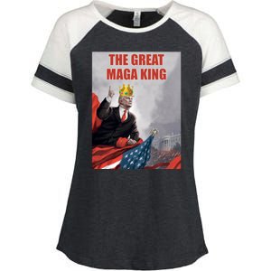 The Great MAGA King Trump 2024 USA Flag Enza Ladies Jersey Colorblock Tee