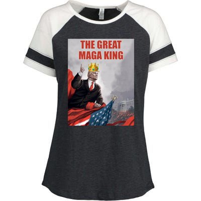 The Great MAGA King Trump 2024 USA Flag Enza Ladies Jersey Colorblock Tee