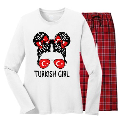 Turkish Girl Messy Hair Turkey Pride Patriotic Women's Long Sleeve Flannel Pajama Set 