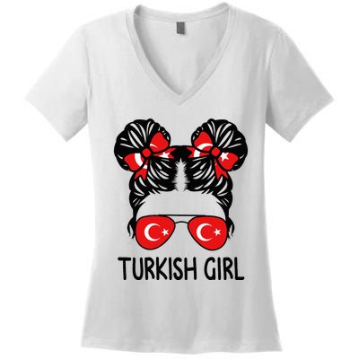 Turkish Girl Messy Hair Turkey Pride Patriotic Women's V-Neck T-Shirt