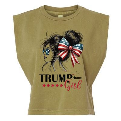 Trump Girl Messy Bun Sunglasses Trump 2024 Usa Flag Gift Garment-Dyed Women's Muscle Tee