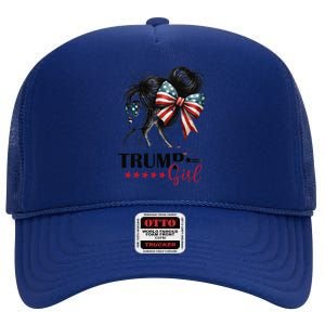 Trump Girl Messy Bun Sunglasses Trump 2024 Usa Flag Gift High Crown Mesh Back Trucker Hat