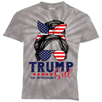 Trump Girl No Apologies Messy Bun Trump 2024 American Flag Kids Tie-Dye T-Shirt