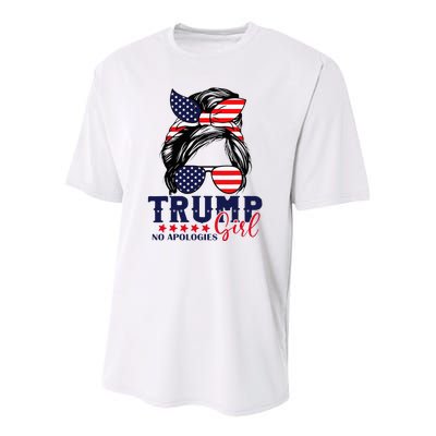 Trump Girl No Apologies Messy Bun Trump 2024 American Flag Youth Performance Sprint T-Shirt