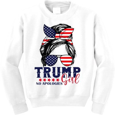 Trump Girl No Apologies Messy Bun Trump 2024 American Flag Kids Sweatshirt