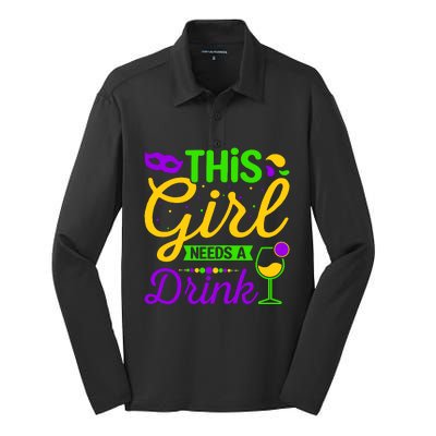 This Girl Needs a Drink - Mardi Gras Girl Alcohol Drinking Silk Touch Performance Long Sleeve Polo