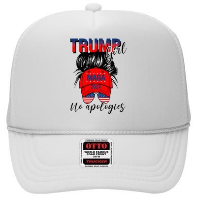 Trump Girl No Apologies Patriotic American High Crown Mesh Back Trucker Hat