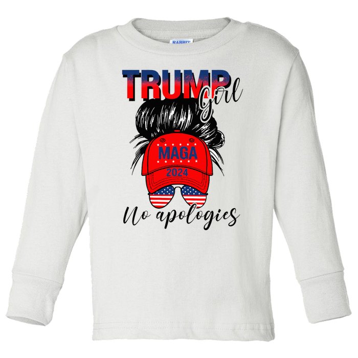 Trump Girl No Apologies Patriotic American Toddler Long Sleeve Shirt