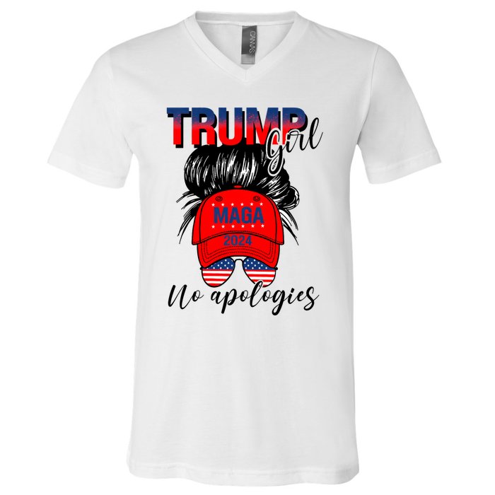 Trump Girl No Apologies Patriotic American Trump 2024 V-Neck T-Shirt