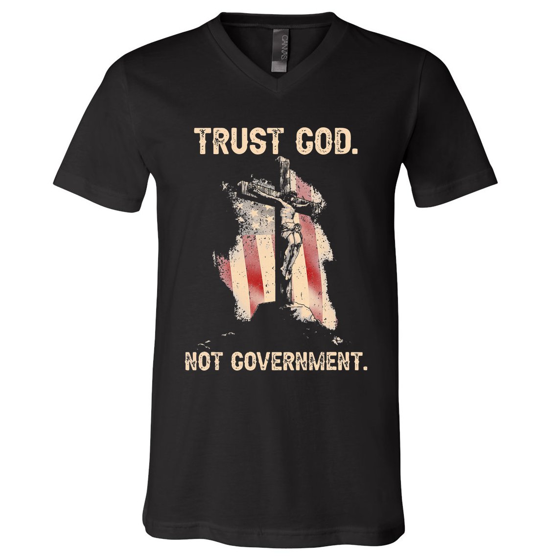 Trust God Not Government Christian Faith Cross Us Flag V-Neck T-Shirt
