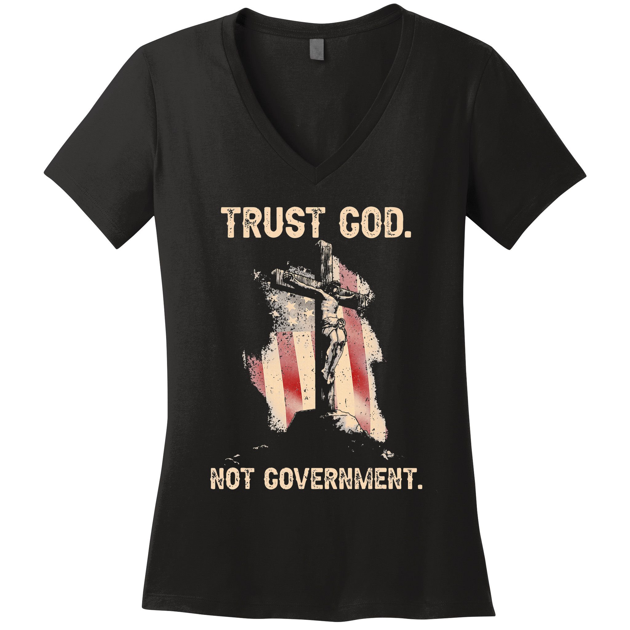 Trust God Not Government Christian Faith Cross Us Flag Women's V-Neck T-Shirt