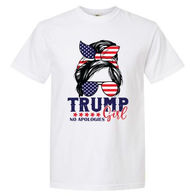 Trump Girl No Apologies Messy Bun Trump 2024 American Flag Garment-Dyed Heavyweight T-Shirt