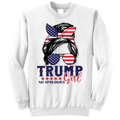 Trump Girl No Apologies Messy Bun Trump 2024 American Flag Sweatshirt