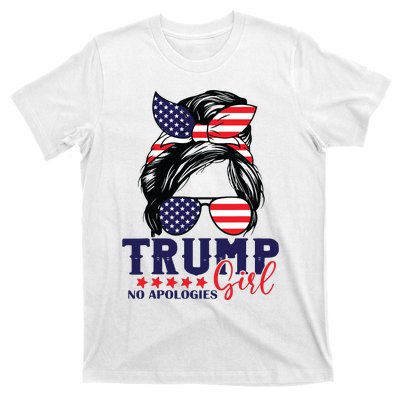 Trump Girl No Apologies Messy Bun Trump 2024 American Flag T-Shirt