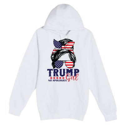 Trump Girl No Apologies Messy Bun Trump 2024 American Flag Premium Pullover Hoodie